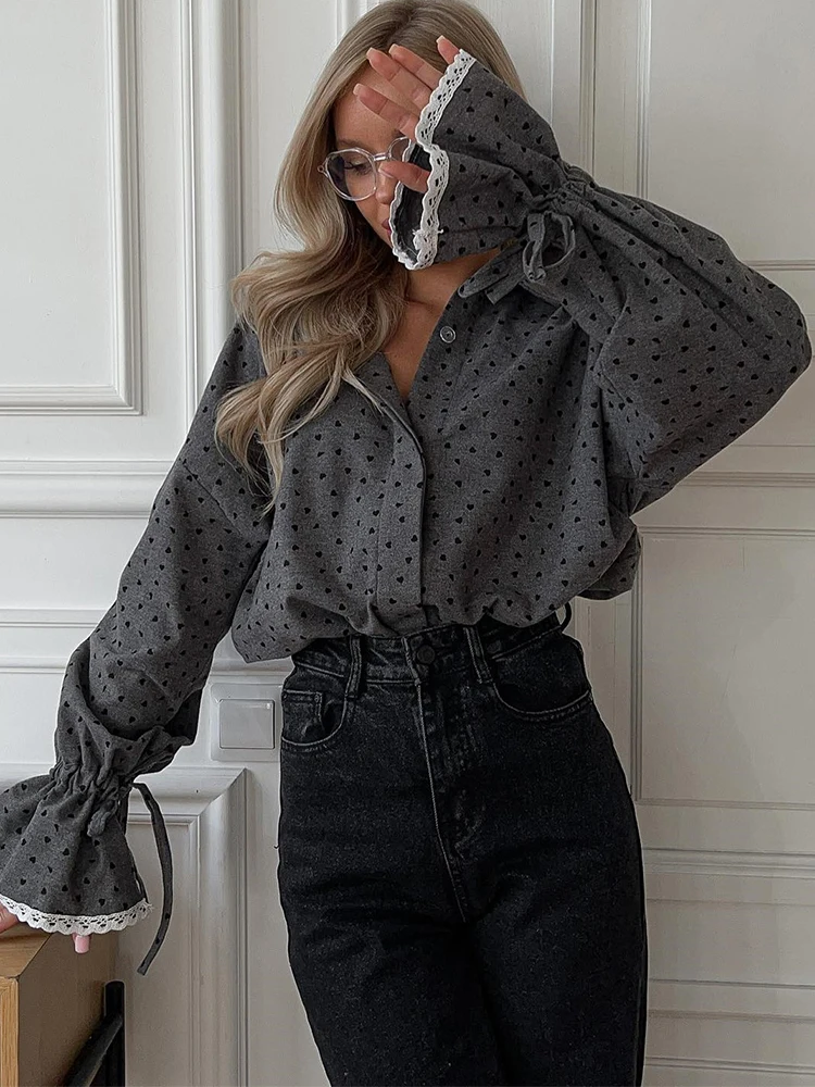 Trendix Heart Print Elegant Shirts For Women Grey Loose Lace Patchwork Long Sleeve Shirt Femme Vintage High Street Chic Clothes