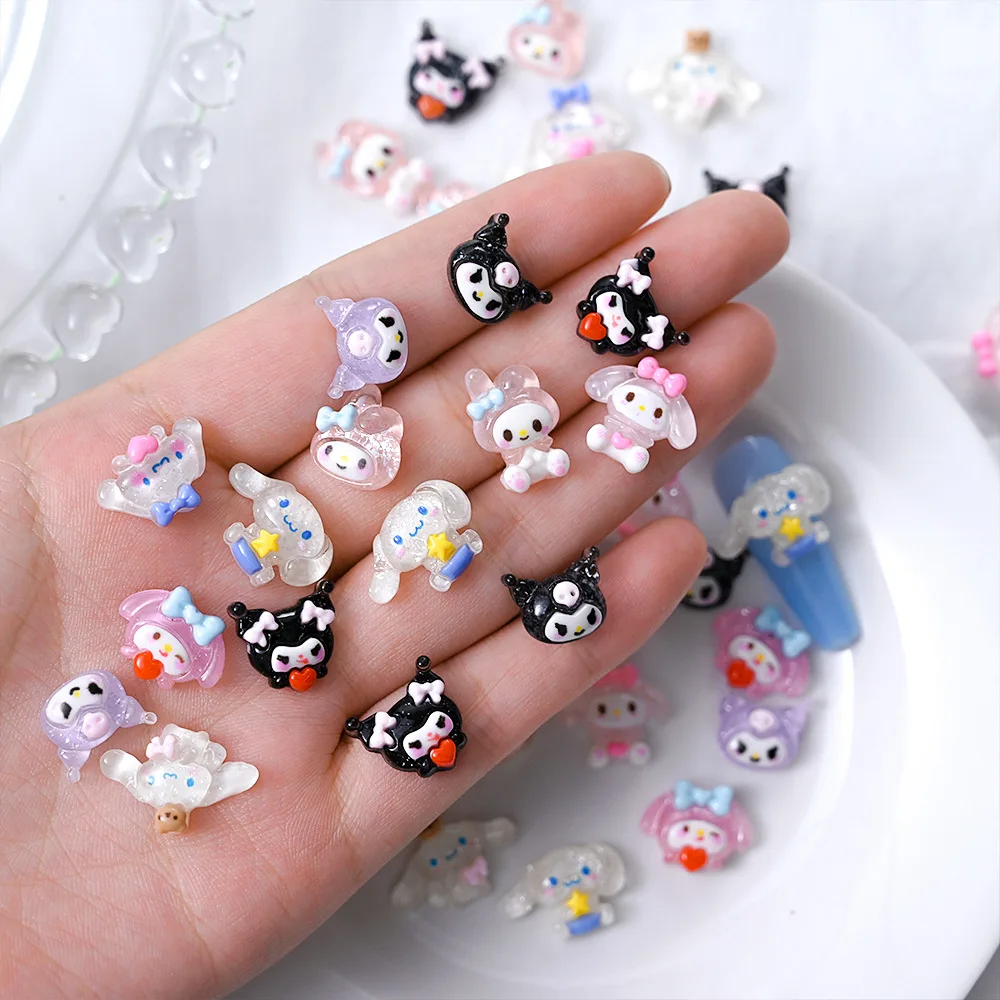 10Pcs Sanrio 3D Resin Nail Charms Glitter Transparent Cartoon Nail Decor Kawaii Manicure DIY Ornaments