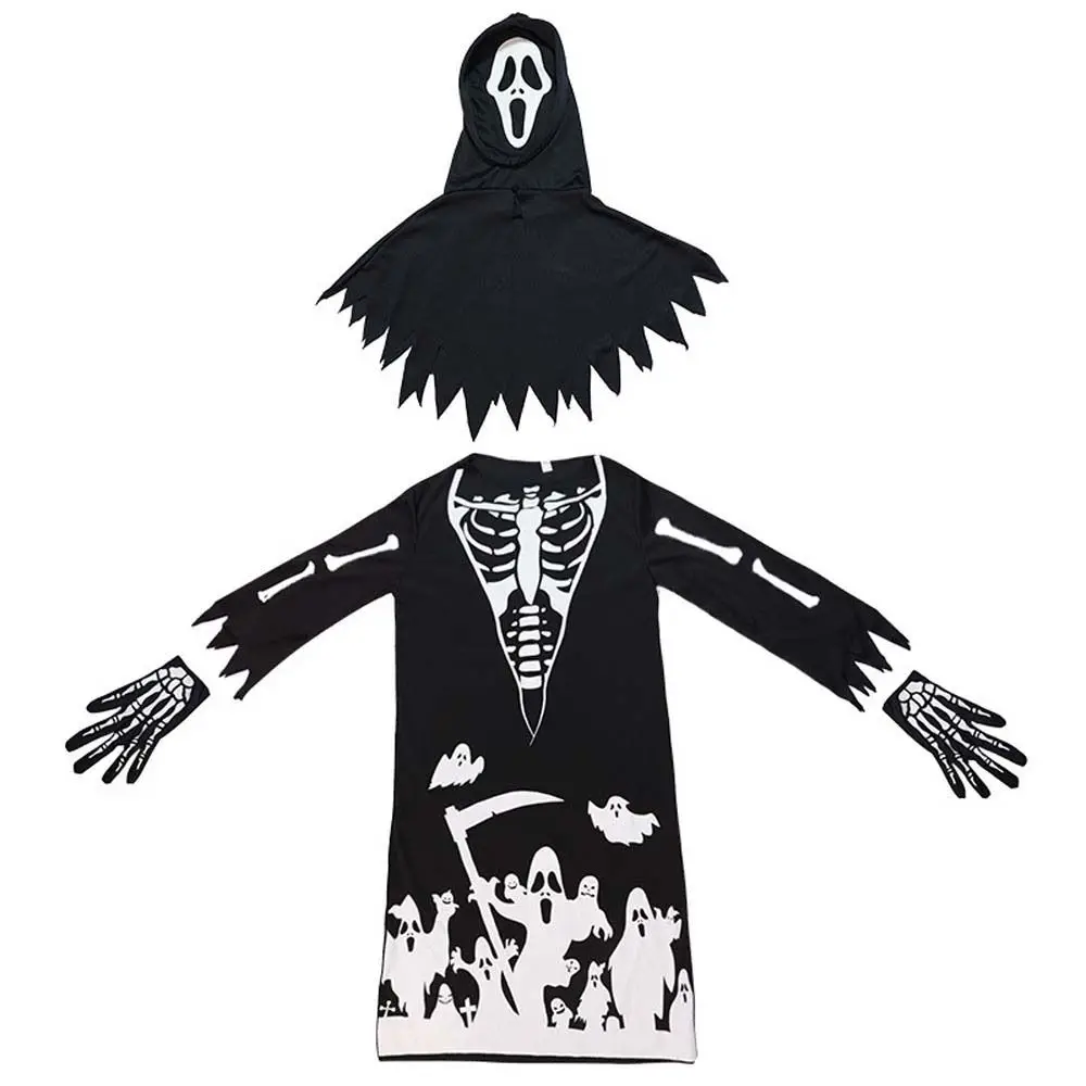 

Skeleton Ghost Luminous Halloween Cloak Performance Costumes Skull Horror Mask Kids Halloween Dress Up Black Color Luminous