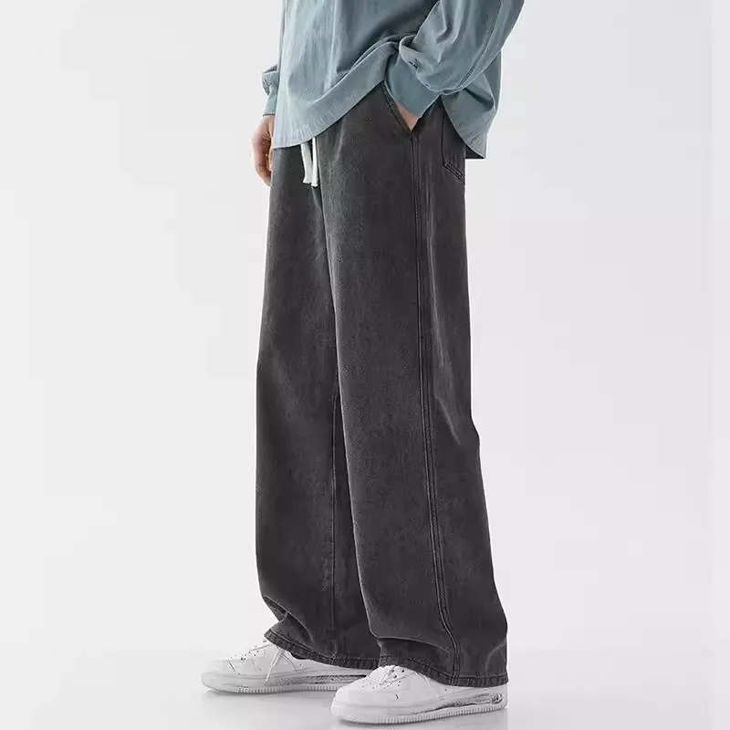 Retro Men's Summer Thin Loose Straight Leg Jeans High Waist Drawstring Casual All-Match Wide Leg Long Trousers Polyester Fiber