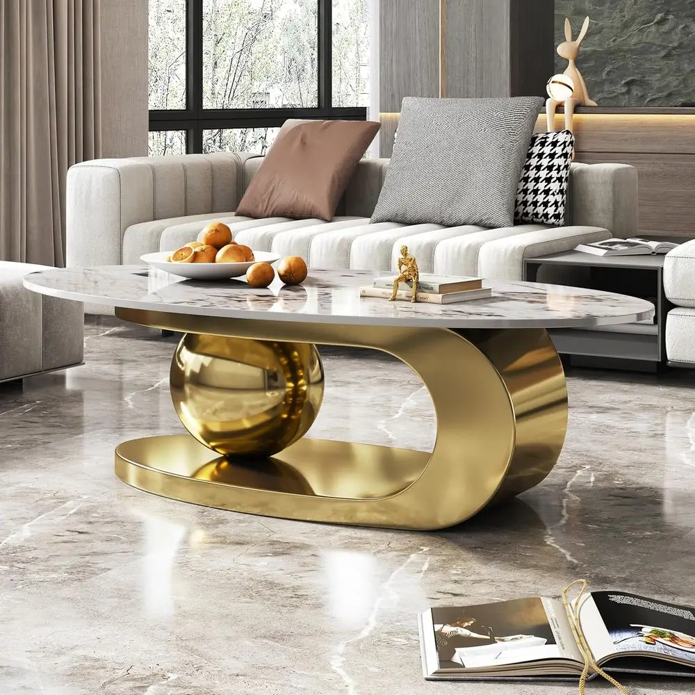 

ern Coee Table with Gold StainlSteel Pedestal,Oval Living Room Table with aux Marble Top,Sintered Stone Cocktail Center Table Ma