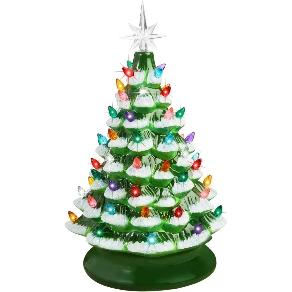 

Christmas Tree 15in Ceramic Pre-lit Hand-Painted Tabletop Holiday Tree, 2 Star Toppers, 64 Lights - Flocked Christmas Trees