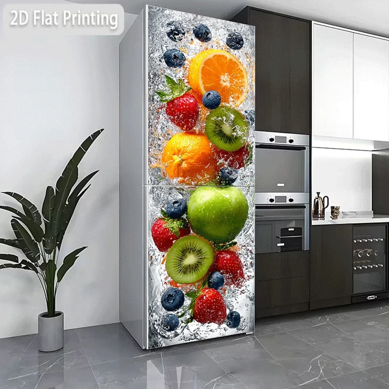 2D Pattern Printing Refrigerator Sticker 60x180cm, Refrigerator/Dishwasher Sticker, Fresh Fruit Bathing in Water, Colorful Fre