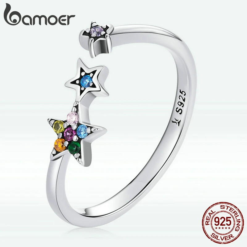 Bamoer Official Genuine 925 Sterling Silver Star Ring for Women Fashion Open Shining Zircon Rings Casual All-match Jewelry Gifts