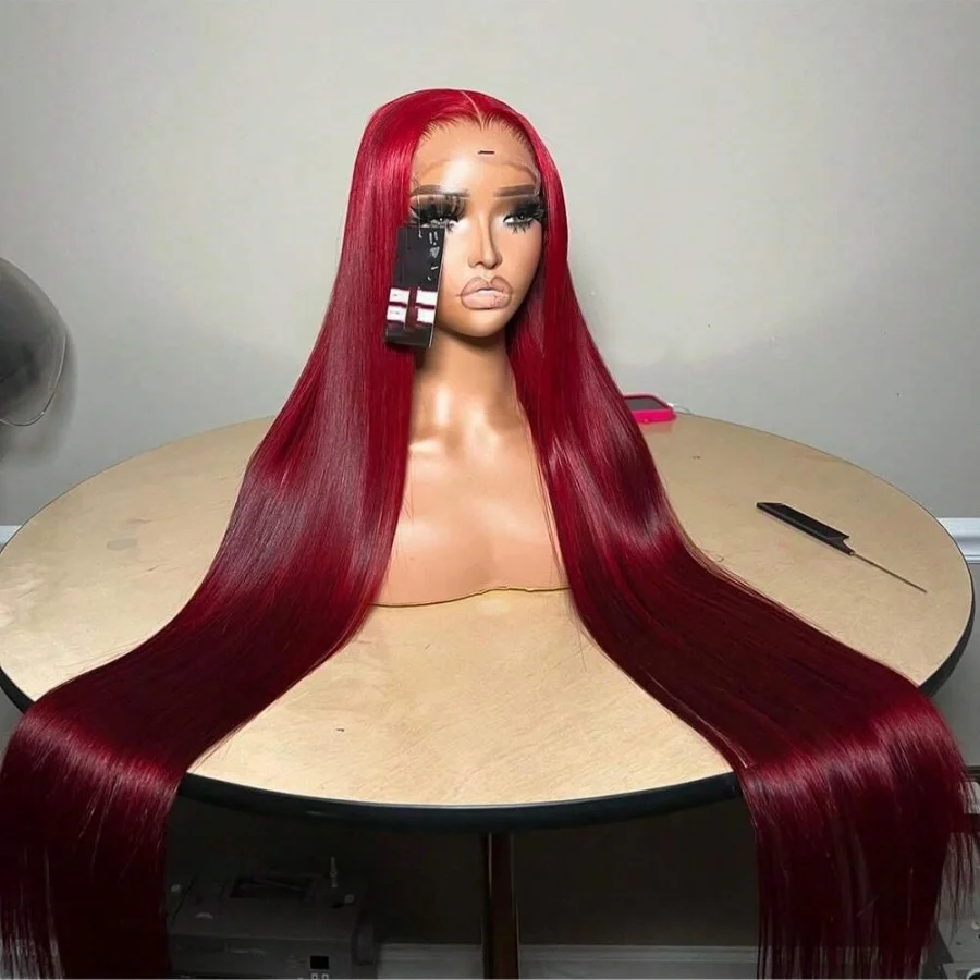 Burgundy 13x4 HD Transparent Lace Frontal Human Hair Wig Long Straight Red 99J Colored 200% Pre Plucked With Baby Hair For Women