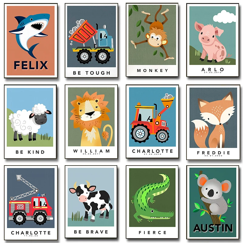 (No frame)Cartoon Farmyard Dumper Truck Posters Cute Animals Tractor Cow Nursery Prints Canvas Painting Wall Picture Home Kid