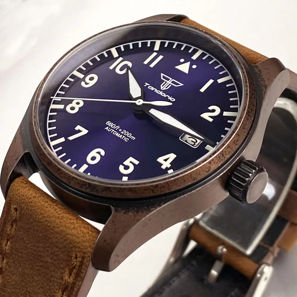 Tandorio 39mm Retro Pilot Case Electroplated-Copper NH35 Movement Automatic Men Watch Sapphire Crystal Diver 20BAR Waterproof