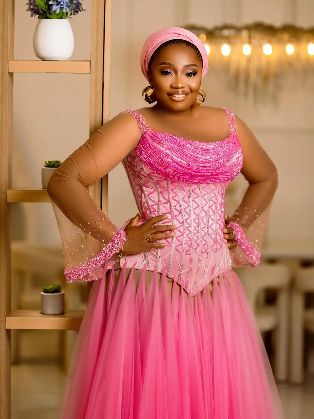 Sparkle Pink Quaste Rüschen Tüll Afrikanische Abendkleider Sheer Mesh Perlen Aso Ebi Lange Partykleider Maßgeschneiderte Robe de mariée