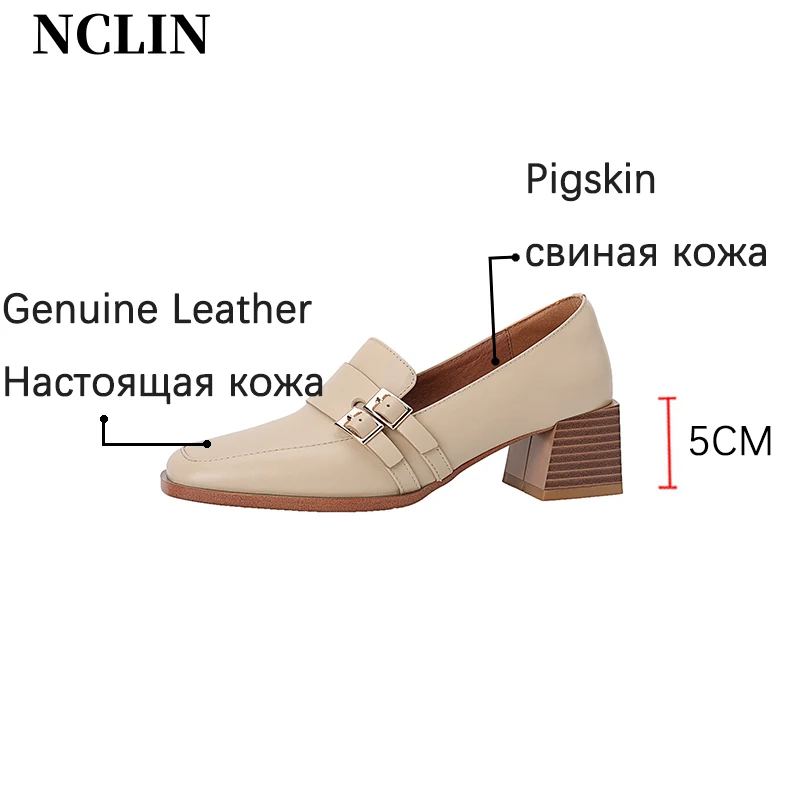 2024 New Genuine Leather Women Shoes Fashion Square Toe Slip-On Shallow Pumps Thick Heel Spring Shoes Women Zapatos De Mujer