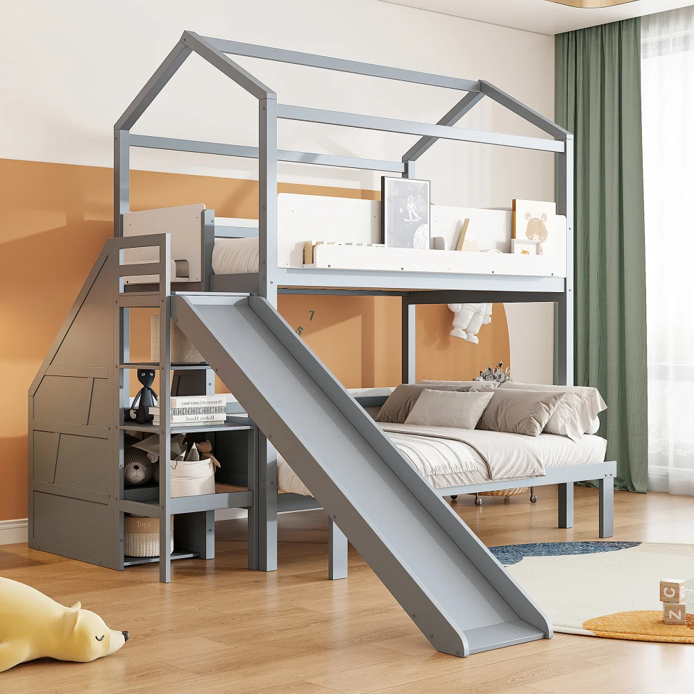 House-Shaped Wooden Bunk Bed with Slide & Storage Staircase, Twin Over Twin/Full Kids Bed Frame, Gray+White