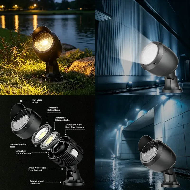 Rugged Sealed Black Aluminum IP65 Waterproof Garden Spotlight 3000K-6500K RGBW Transparent Lens Wide-Angle Flood Light