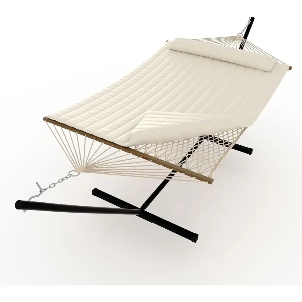 Portable Double Cotton Hammock with 500Lb Capacity and Comfort Pad for Outdoor Relaxation (Beige)