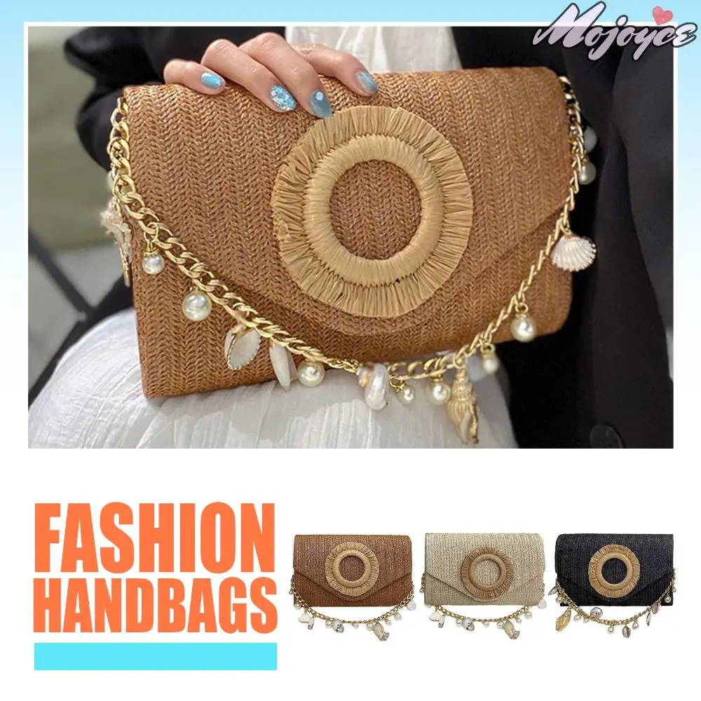 

Women Elegant Straw Handbag Large Capacity All-Match Shell Clutch Wear Resist Stylish Knit Evening Bag Work Date Party Bag