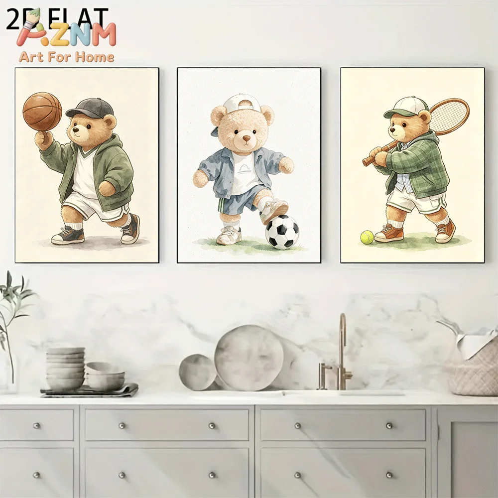 AZNM Frameless Canvas Wall Art, Watercolor Sport Teddy Bear Basketball Soccer Tennis Print, Cute Animal Sports Themed Wall Decor
