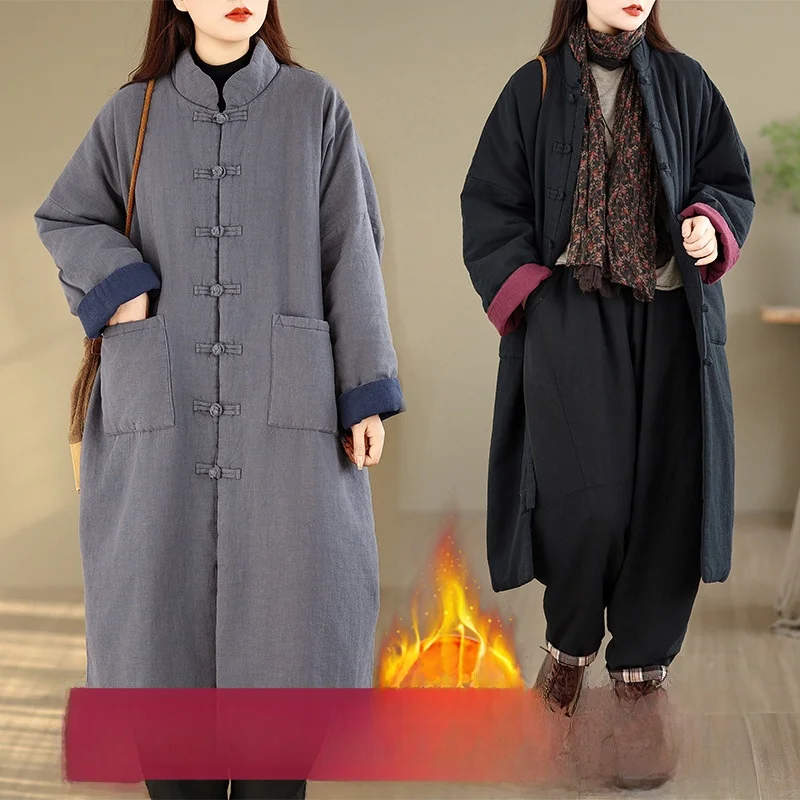 

Thiened Cotton Jaet Winter Outerwear Chinese Sle Pure Color Mid-Length Women's Buddhist Zen Cotton Coat Commute Loose Fit