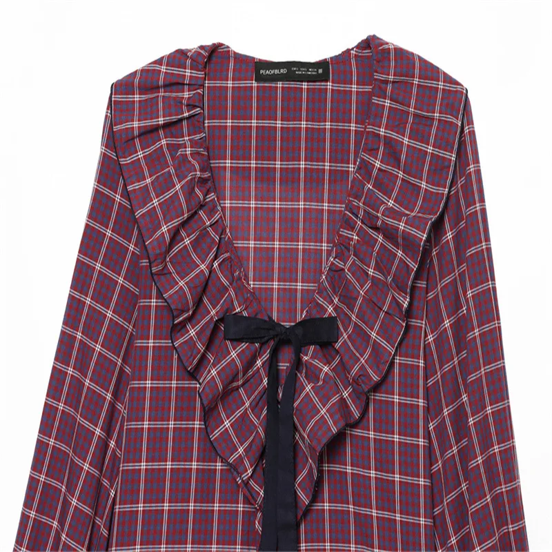 Casual Plaid Shirt Women's V-neck Long Sleeve Knot Top NINE ZAR Ladies Fashion Brand 5029133 Winter Collection 2