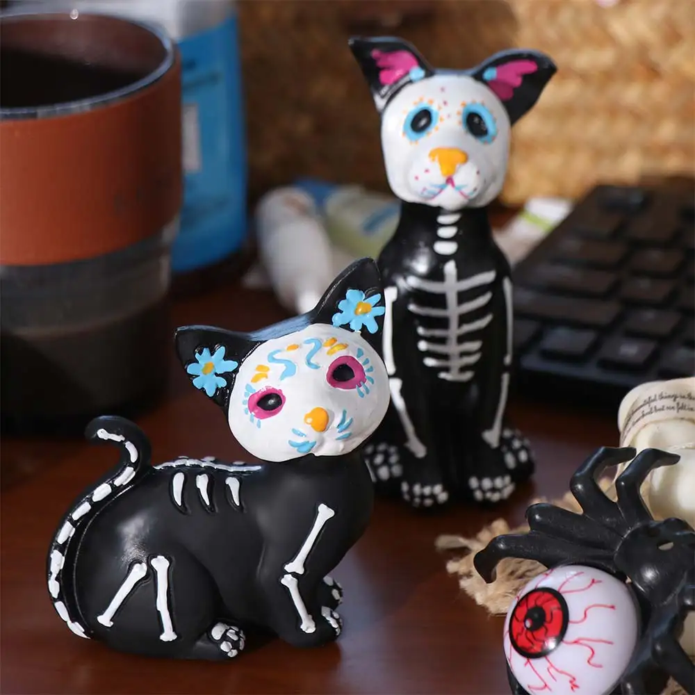 

Resin Black Cat Skeleton Figurine Colorful Hand-Painted Cat and Dog Ornaments Aesthetic Decorative Halloween Black Dog Figurine
