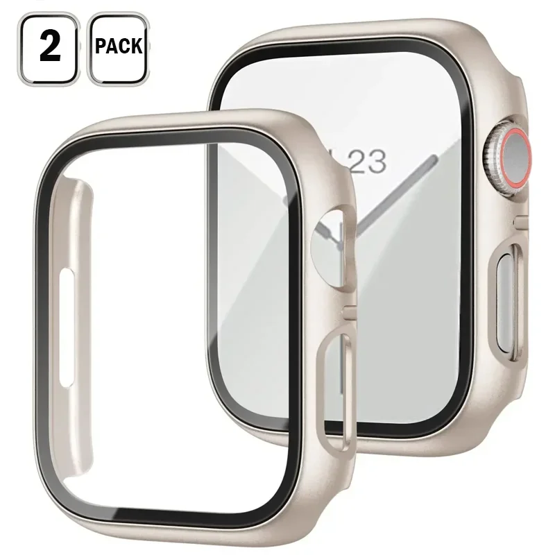 2PCS Tempered Glass+cover For Apple Watch Case 44mm 40mm 42mm 41mm 45mm PC bumper Screen Protector iWatch series 9 8 7 6 5 3 se