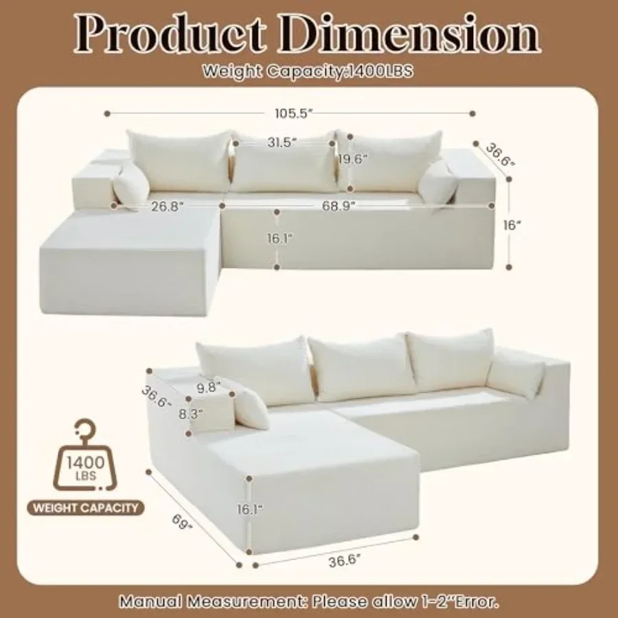 Living Room Modular L-Shaped Cloud Sectional Couch in Bone Color, Memory Foam Deep Seat Oversized Left-Facing Chaise, Spineless