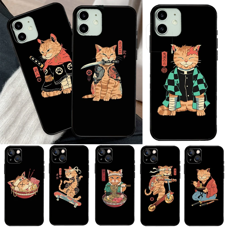 Japanese Samurai Cat Neko Ramen Anime Phone Case For iPhone 14 13 12 11 Pro Max SE X Xs Max XR 7 8 Plus Cover Shockproof Fundas