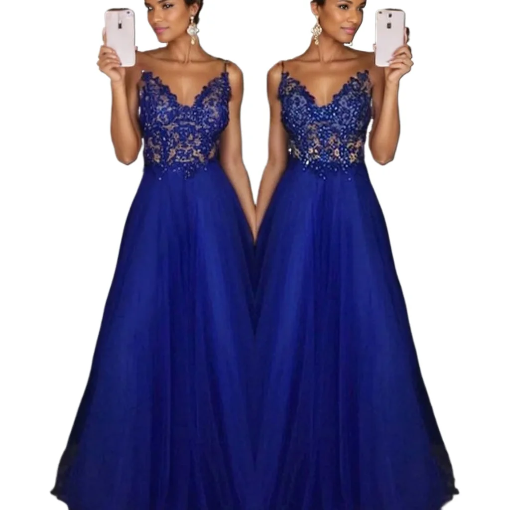 

Sexy Embroidery Sequins Backless Spaghetti Straps Long Formal Evening Dress Blue