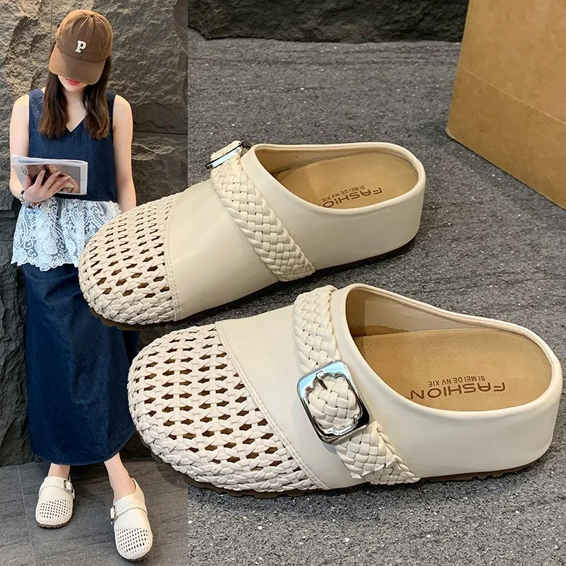

Women's Mules Slippers Summer Baotou Half Slippers Breathable Hollow Out Platform Slides Fashion Women Casual Leather Slippers