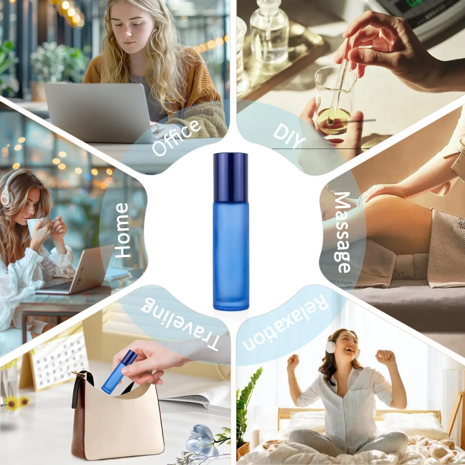 10 sztuk niebieskich szklanych butelek z kulką, 10 ml butelek na olejki eteryczne wielokrotnego użytku ze stali nierdzewnej, mini olejek pod oczy do podróży/domu