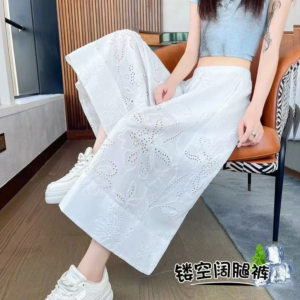 Real Shot French Lazy Women's Summer Simple Thin White Hollow Seven-point Casual Pants Loose And Thin Straight Wide-leg Pants