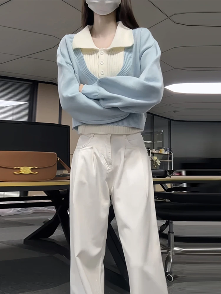 

Вязаный свитер с воротником и комплект из двух предметов с высокой талией для женщин: модный повседневный образ для весны, осени и зимы, новинка 2025 года