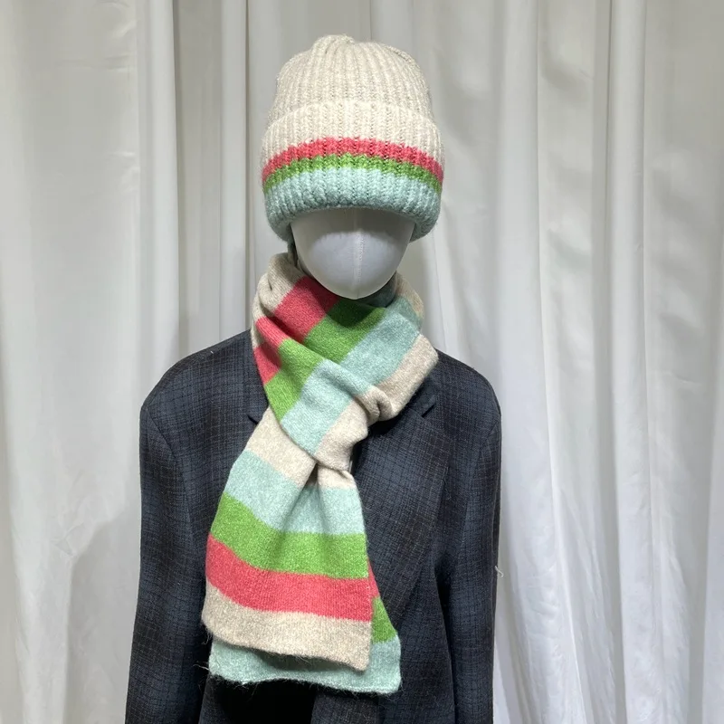 

Minimalist men's women's Striped Contrasting Knit Wool Hat Scarf two-piece Set Warm Knit Scarf Ear Protection Cold Hat 4w976