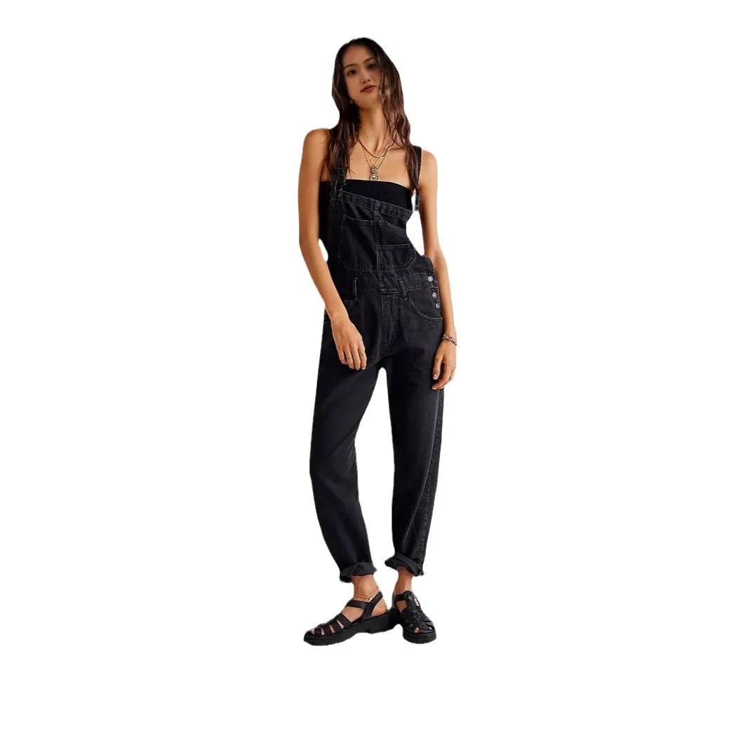 Casual Loose Denim Overalls with Pockets Youth Spring Fashion Natural Waist Jeans Blue Denim Fabric Folded  Detail