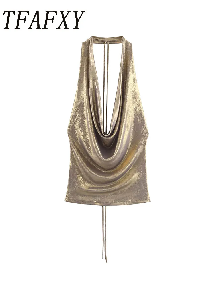 TFAFXY 2025, Damen-Sexy-Neckholder-Top, Damen, neue Mode, metallische Farbe, ärmellos, rückenfrei, Neckholder-Top, Damen, elegantes Top, Y2K