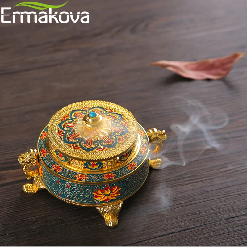 ERMAKOVA-Quemador de incienso de estilo tibetano, bobina de aleación de Zinc, esmalte pintado, decoración para el hogar y la Oficina, regalo