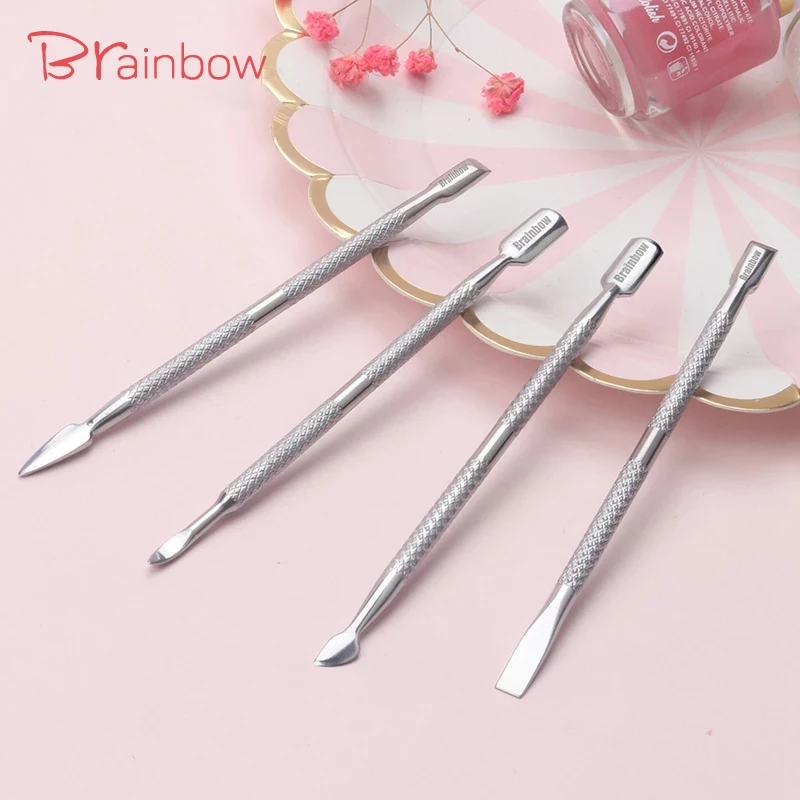 Brainbow 4 Stks/pak Nail Cuticle Pusher Rvs Dubbelzijdig Uv Gel Cuticle Verwijderen Dode Huid Pusher Nail Art Manicure gereedschap