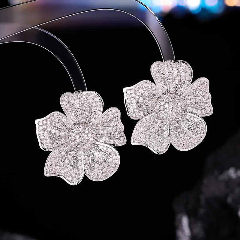 

Luxury High-End Large Flower Earrings European American Exaggerated S925 Silver Needle Elegant and Generous Super Sparkling