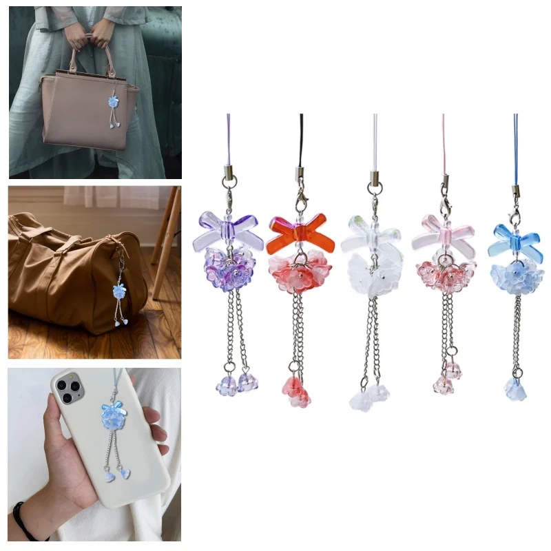 Y2k Style Phone Lanyard Strap Cute Bowknot Bag Charm Hydrangea Phone Pendant DIY Handmade Backpack Accessory for Phone