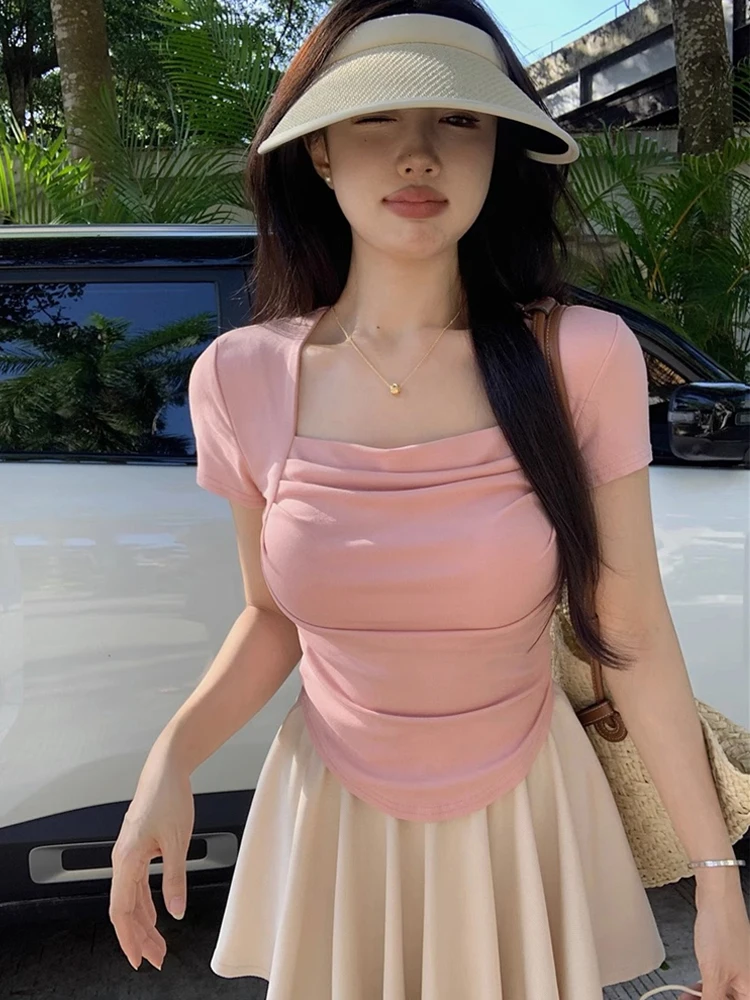 Cseta ajustada de manga corta con cuello cuad ne para mujer, Top Sexy e de verano, moda de viaje de estilo c...