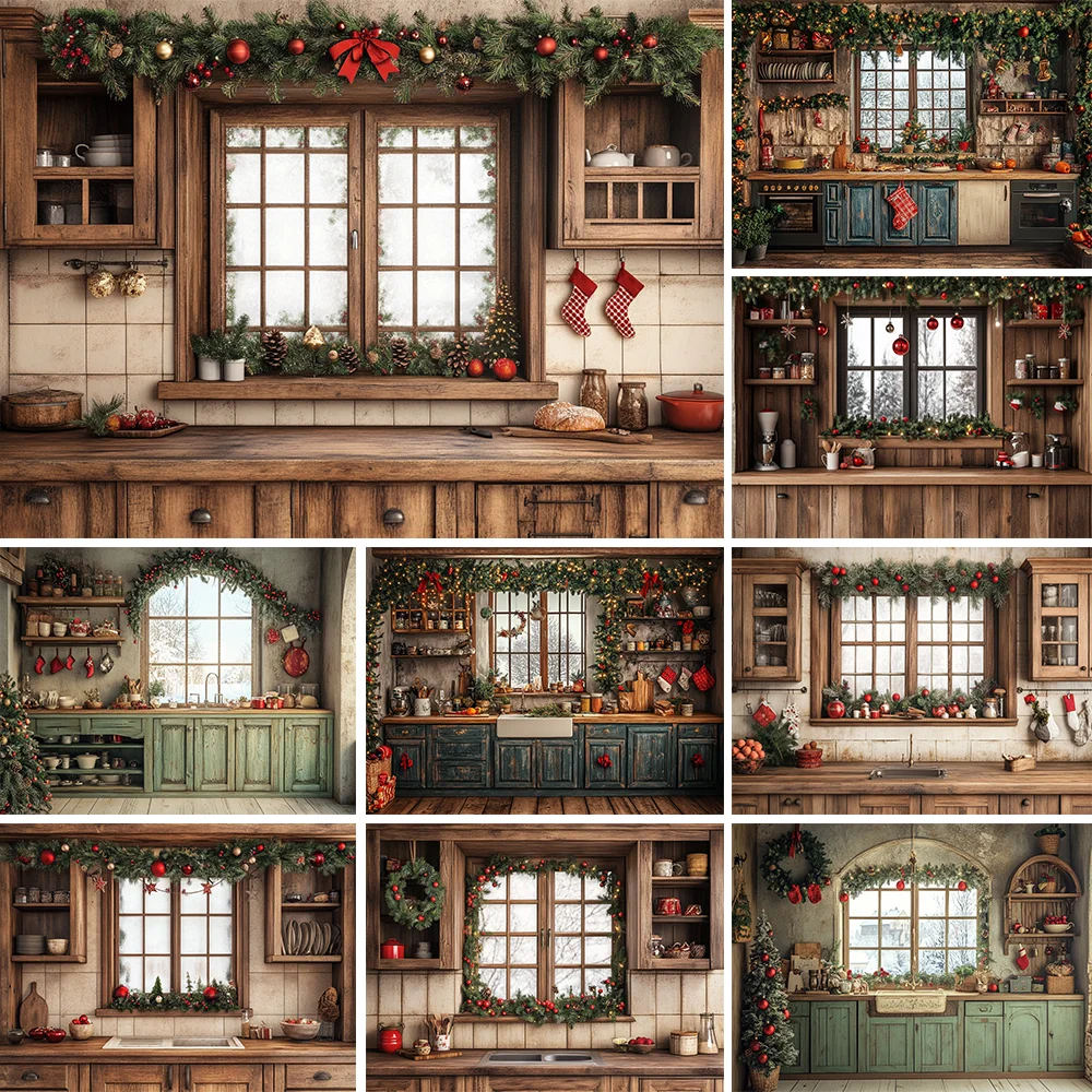 

Christmas Kitchen Photography Background Garland Cabinet Xmas Tree Party Decoration Supplies Family Portrait Studio Props