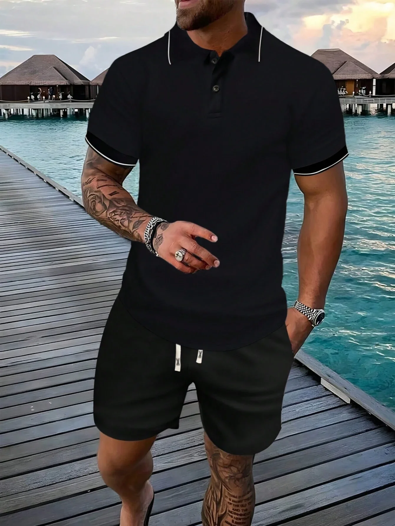 Men's Black Polo Shirt And Shorts Set Casual Summer Sportswear Short Sleeve Drawstring Waist