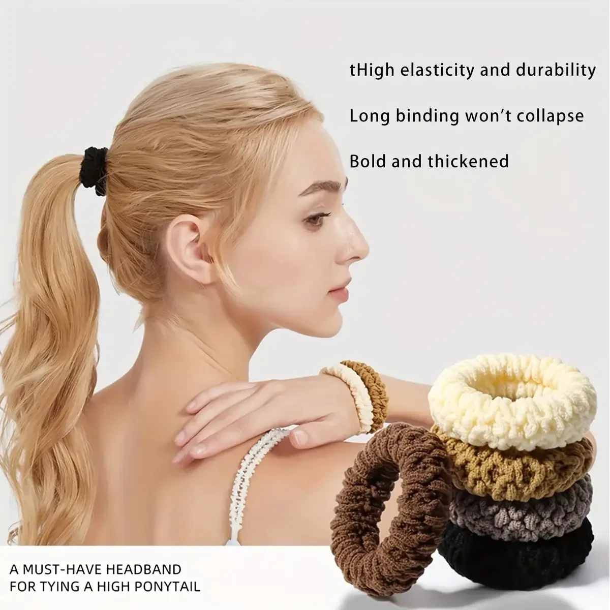 ربطات شعر، ربطات شعر متينة عالية المرونة - حوامل ذيل حصان محبوكة سميكة بدون خياطة بألوان متنوعة