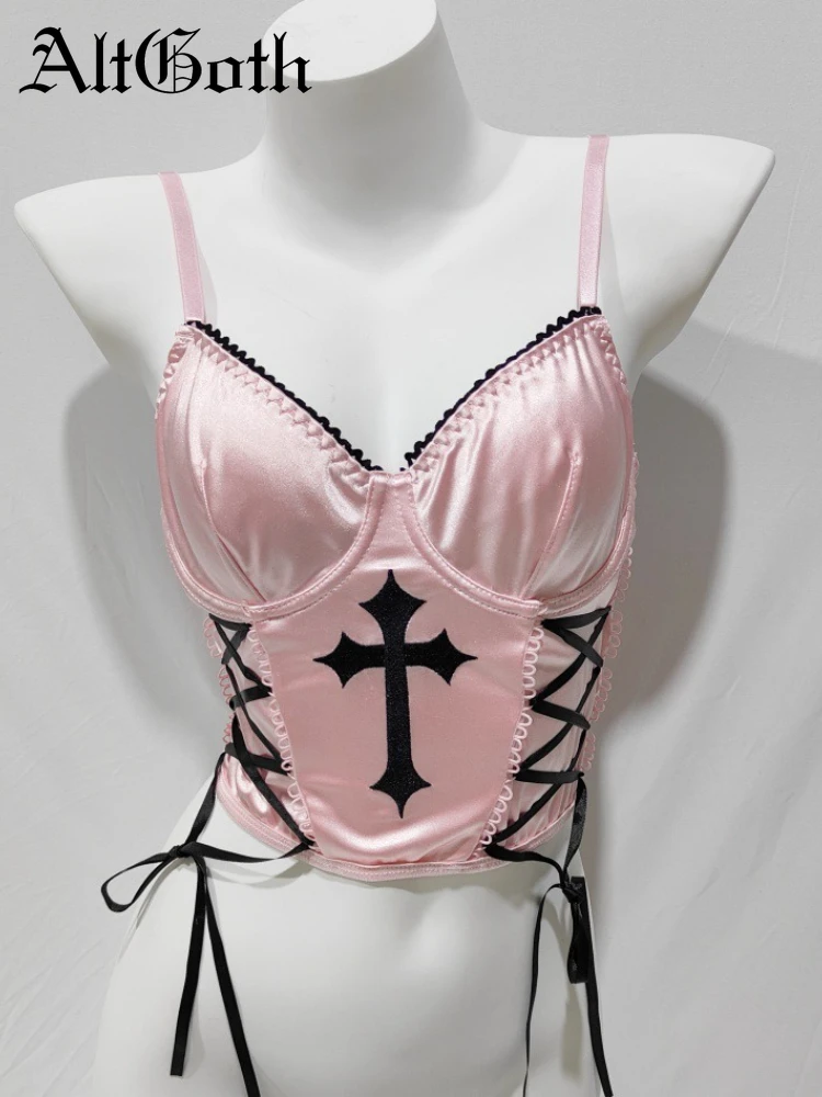 AltGoth Hotsweet Mall Goth Pink Camisole Women Y2k E-girl Aesthetic Fairycore Grunge Cross Printed Lace-up Corset Crop Tank Tops