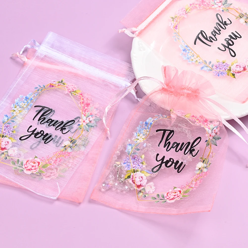10 Stück Durchsichtige Organza-Geschenktüten mit Kordelzug "Danke" Blumendruck Schmuck-Aufbewahrungstaschen für Hochzeitsfeier-Aufbewahrung – Detail 5