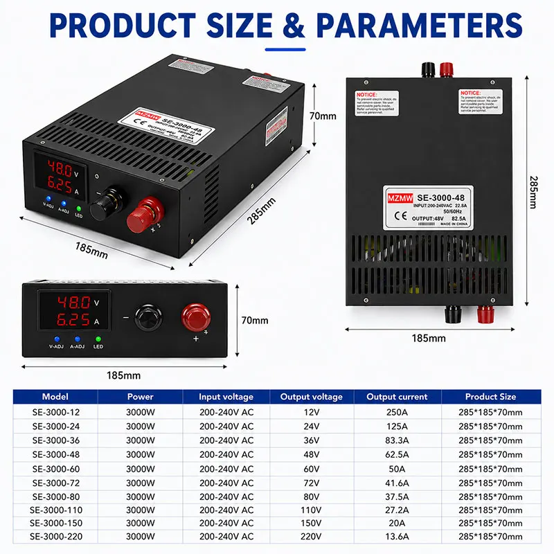 MZMW 3000W Adjustable Switching Power Supply Led Dispaly AC DC 0-12V 24V 36v 48V 60V 72V 80V 90V 110V 220V 300V CC CV Industrial