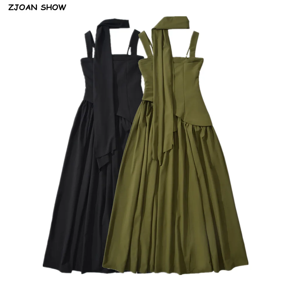 

Новое сексуальное длинное платье на бретельках с шарфом и воротником-стойкой, женское длинное платье с перекрестной шнуровкой сзади и низкой талией, рюшами по подолу, вечерние платья