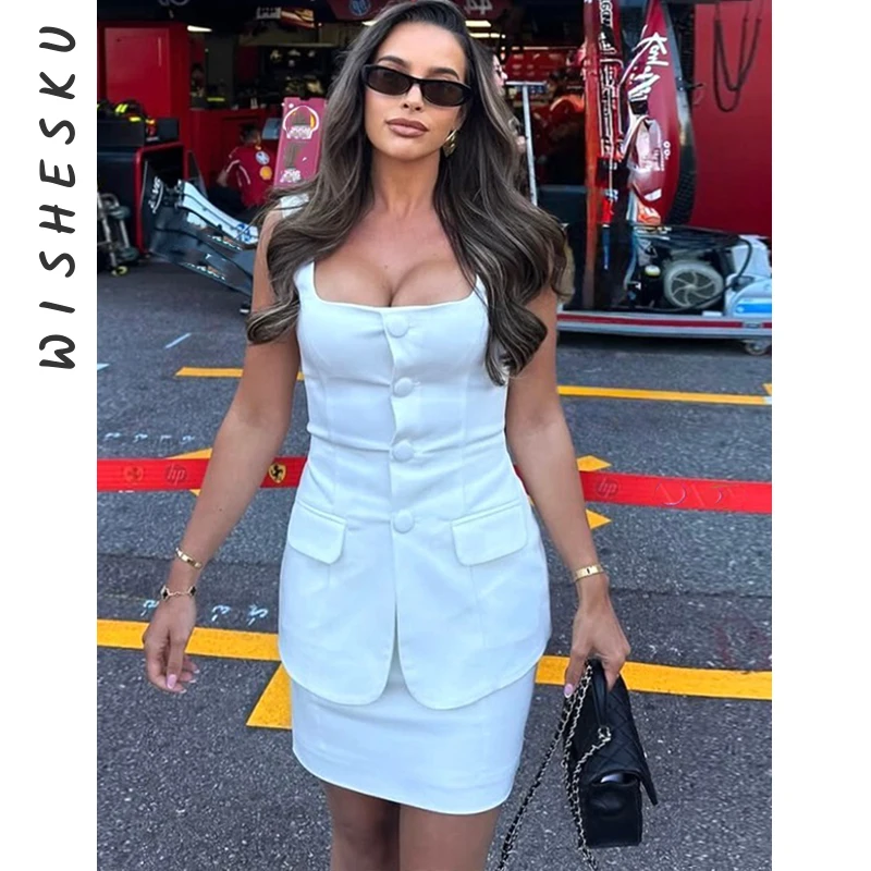 

Elegant Skirt Two Piece Set Women Sleeveless Single-breasted Tank Top And Mini Skirt Matching Outfits 2025 Fall Winter