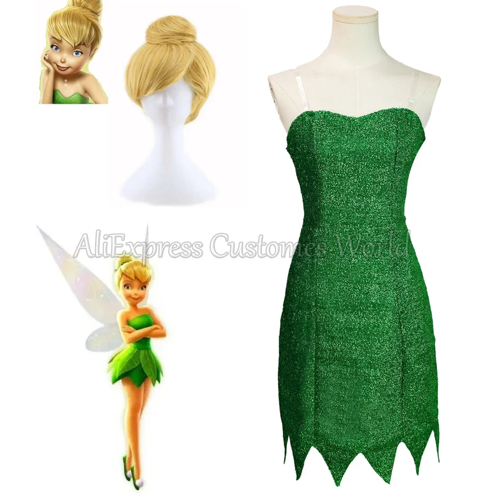 Tinker Bell Tinkerbell uniformes vestido verde Hada duendecillo Cosplay disfraz pelucas amarillas fiesta de Halloween Sexy Cosplay Mini vestidos