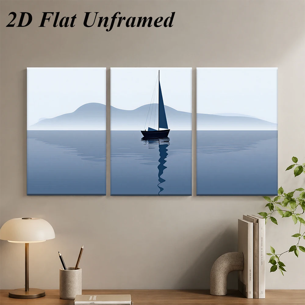 3PCS Large-sized frameless canvas paintings,1 set of modern minimalist triptych decorative paintings, blue gray sea sailboat lan