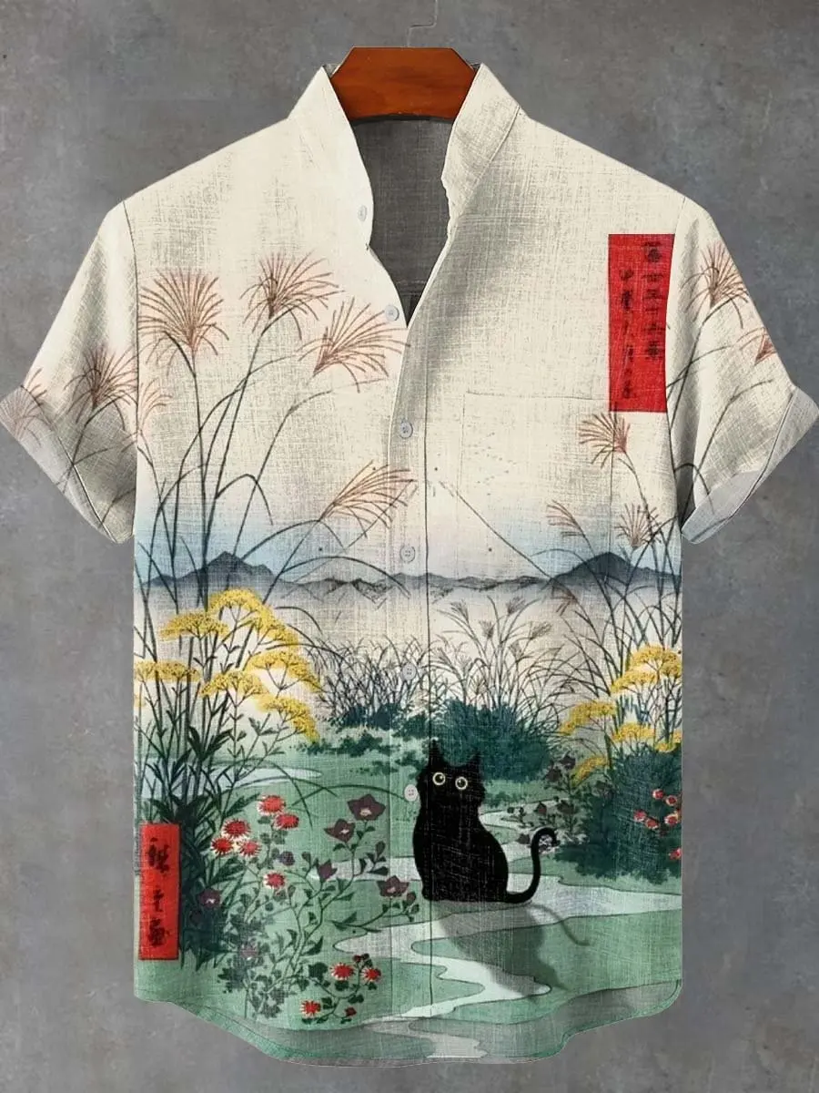 Men's Summer Japanese Style Art Cat Pattern Print men's Retro Linen Short Sleeved Shirt Casual Simple Button Top camisa hombre