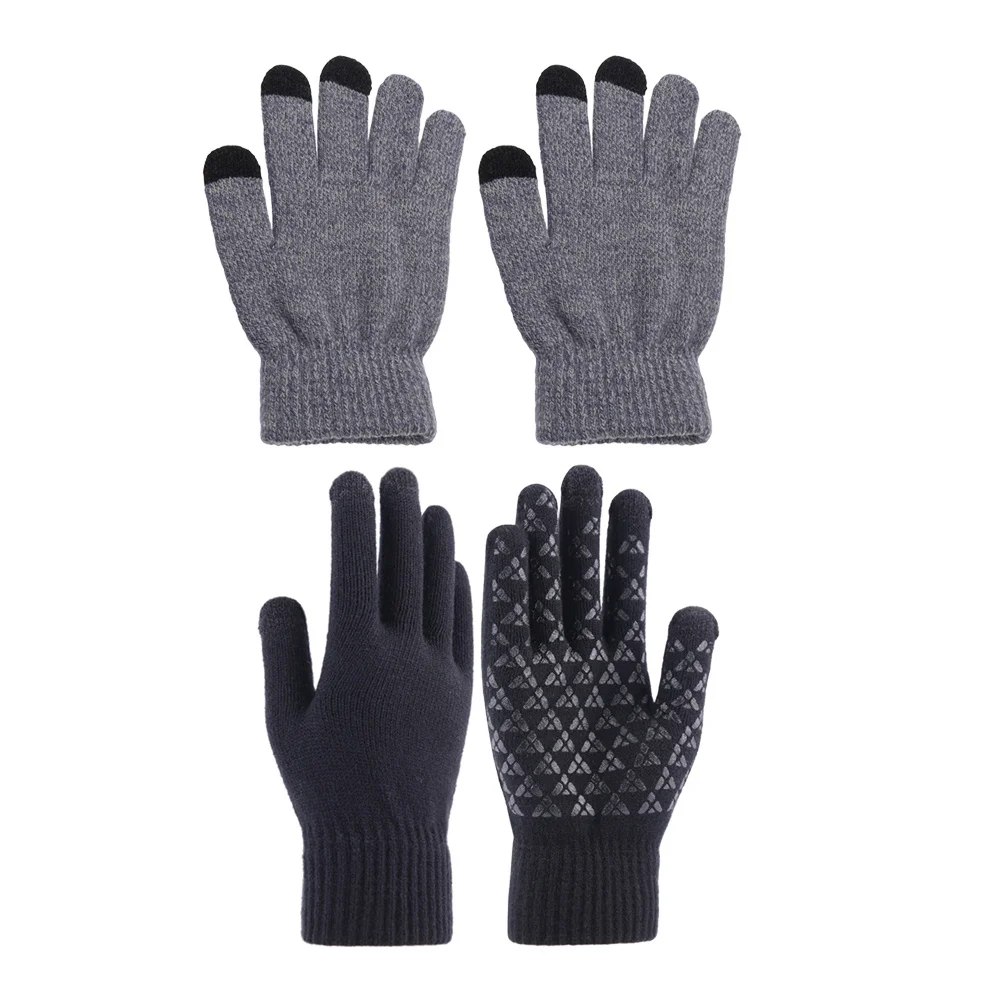2Pairs Thicken Knitted Gloves Touch Screen Warm Anti-Slip for Winter Outdoor Use Grey Black Gloves for Screen Touch