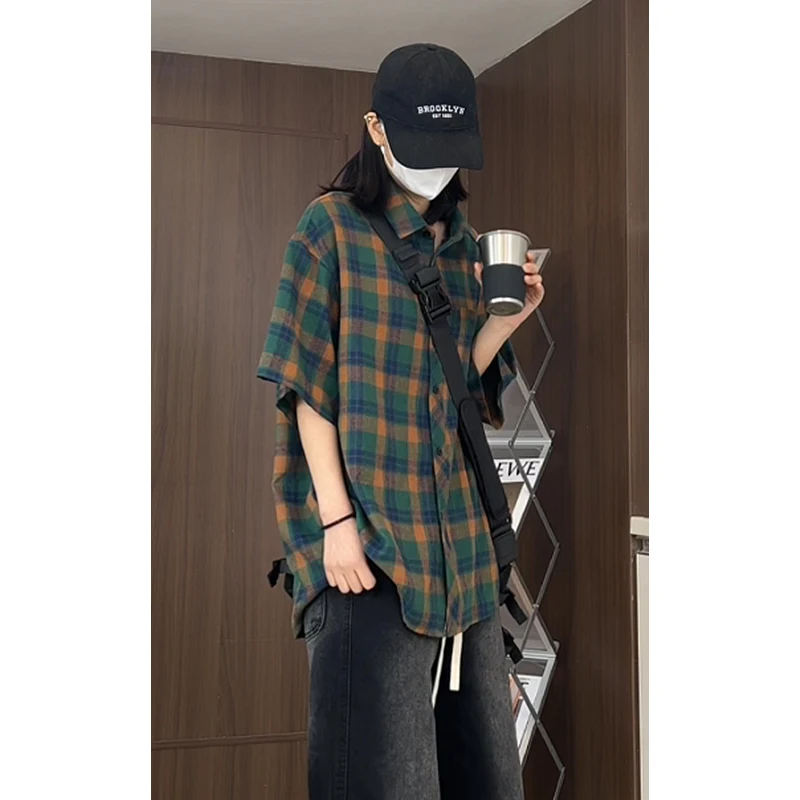 

Мужская летняя рубашка Cleanfit в клетку с коротким рукавом, в американском ретро-стиле, из хлопка и полиэстера, свободного кроя, молодежная, весенняя